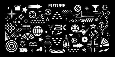 Obraz premium Y2k play future retro futuristic graphic elements and icons collection on black background