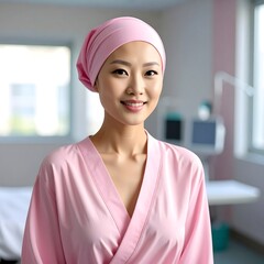 Smiling woman in a pink robe and head wrap in a hospital room