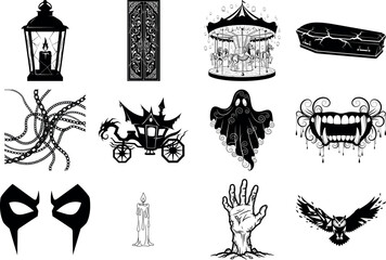 Vector art of set of black and white graphic elements for halloween, featuring a coffin, ghost, vampire teeth, and carriage