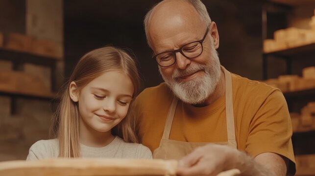 A grandfather lovingly teaches his granddaughter woodworking in his workshop, sharing his skills and creating a cherished memory - Powered by Adobe