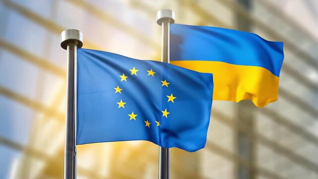 EU and Ukraine flags on poles