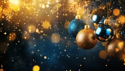 The image shows several sparkly Christmas tree baubles in shades of blue and gold hanging from a tree branch, with a blurred background of golden bokeh lights and dark blue tones.