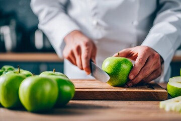 In a modern kitchen, a chef carefully slices a green apple on a wooden cutting board, surrounded by fresh apples. The chef wears a white coat and focuses on the task, showcasing culinary skill