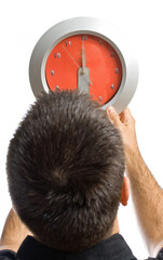 Happy Man Pointing at Clock on White Background