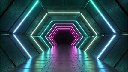 Abstract science fiction background showing a dark metallic tunnel with glowing neon hexagonal frames in vibrant magenta and teal. - Powered by Adobe
