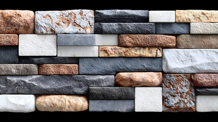 Stacked multi-color stone veneer tiles on black for design backgrounds
