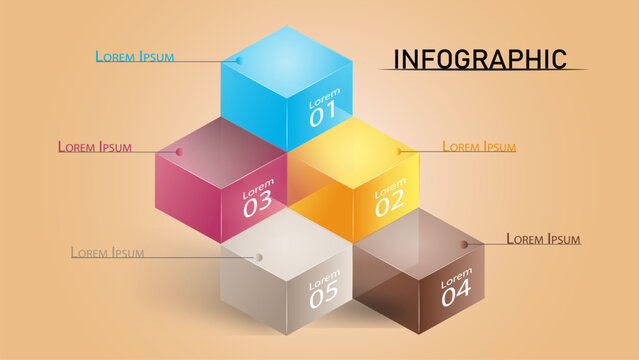 This 3D infographic features five multicolored cubes stacked on top of each other. Designed for business presentations, workflow steps, project timelines, and marketing strategies.