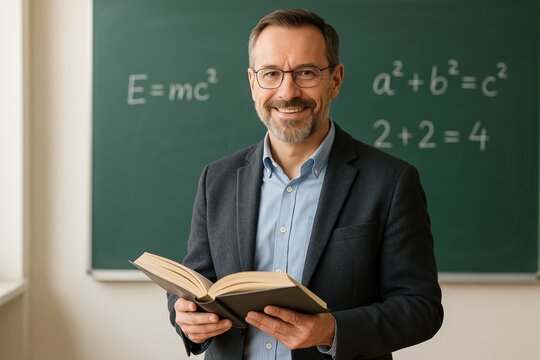 Smiling male teacher holding book in front of chalkboard