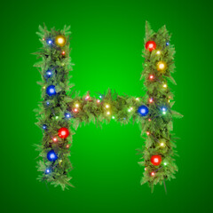 Letter H made of Christmas lights on green background