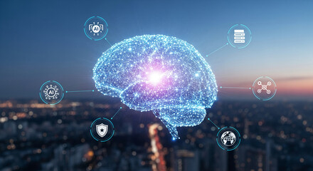 Abstract digital brain network graphic, glowing nodes and lines, over blurred cityscape background, symbolizing AI, technology, and global connection