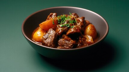 Fototapeta premium Rustic Beef Stew With Potatoes Served in a Dark Bowl on a Dark Green Surface