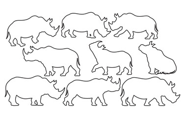 Fototapeta premium Collection of outline rhinoceros icons representing wildlife and safari animals vector