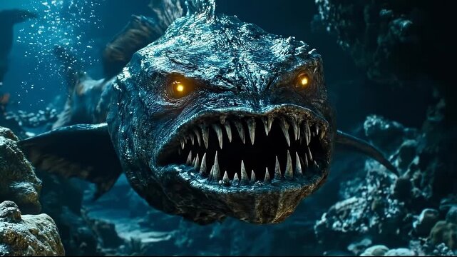 A fierce, glowing-eyed monster fish lurking in a dark underwater setting.