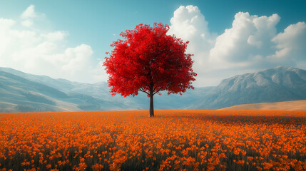 Vivid red tree in a field of orange flowers, with mountains in the background under a blue sky with white clouds.