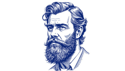 Vintage sketch of a man with a beard and mustache in blue ink  