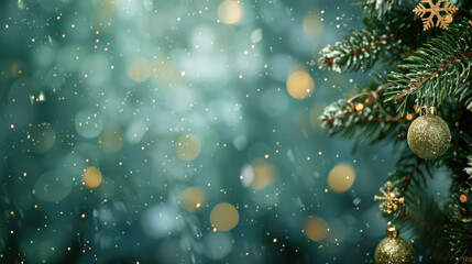 Christmas tree branch adorned with golden ornaments. Soft snowflakes fall against a blurred background of green and gold bokeh lights, horizontal banner, copy space, free space for text