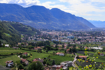 Mountain panorama with city Merano in South Tyrol, Italy