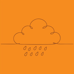 Minimalist Line Drawing of a Cloud with Raindrops on a Bright Orange