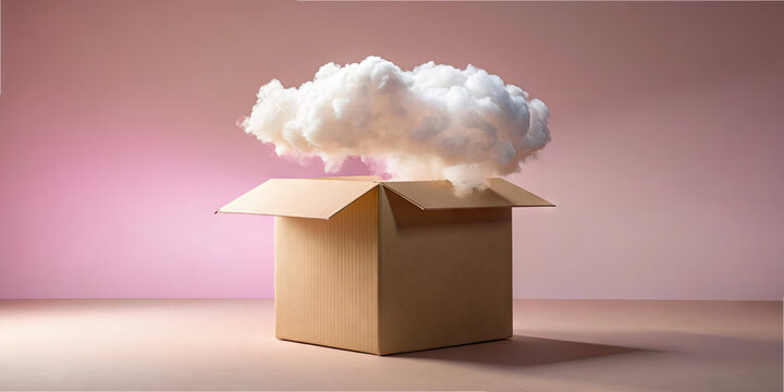 A cardboard box sits on a smooth surface, with a fluffy cloud rising from inside. The soft pink background adds a whimsical touch to this imaginative scene, inviting curiosity and creativity