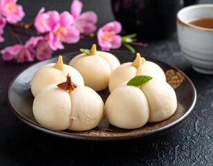 Sweet, peach-shaped pastries on dark plate