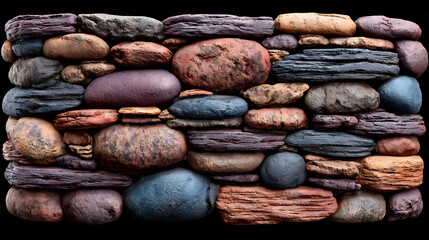 Stacked rock wall texture of colorful stones on black for design