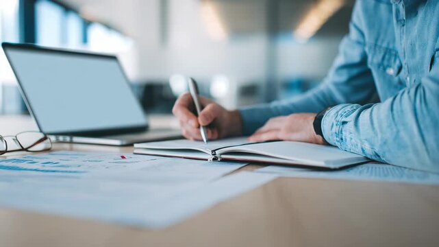 Business professional reviewing tech whitepaper draft on a desk highlighting innovative solutions and product development insights in the technology sector.