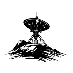 Radio telescope silhouette — large parabolic antenna dish observatory on hill, space communication vector illustration