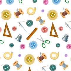 Pattern of tailoring equipment and materials on white background.Vector seamless pattern of buttons, threads, needles and scissors on a white background