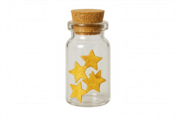 Glass jar with cork stopper holding golden stars, wishing for magic and dreams, transparent background