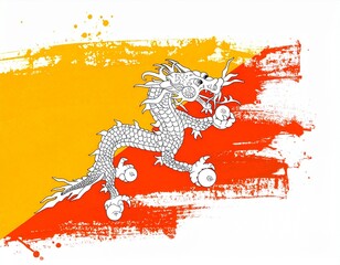 Bhutan Flag Grunge Brushstroke Design with Druk Dragon and Paint Effect on White