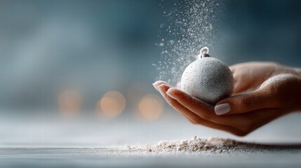 a hand holding a silver Christmas ball