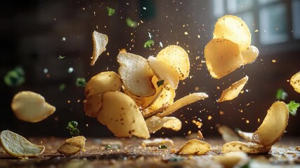A pile of potato chips falling from the air, great for food or snack related concepts