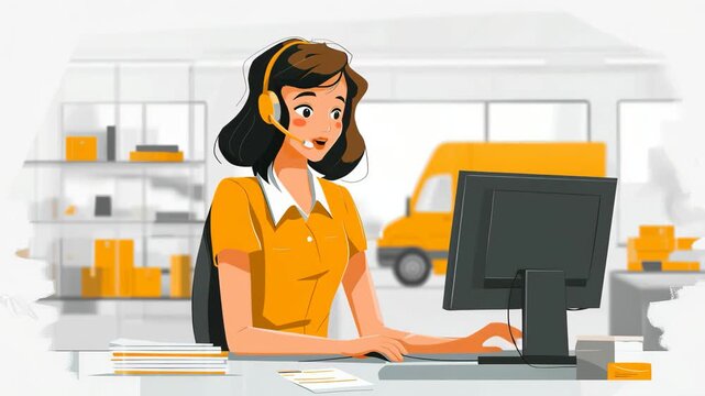 store order packages boxes woman using computer service cartoon illustration video animation