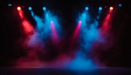 Symmetrical arrangement of red and blue stage lights illuminates a smoky, dark stage setting.