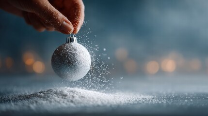 a hand holding a silver Christmas ball
