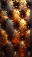 Naklejka premium Close-up of ornate, golden-brown leather upholstery with diamond-shaped quilting and decorative buttons