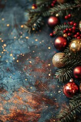 A festive arrangement of Christmas balls and pine branches on a textured blue background. red and gold baubles, holiday atmosphere, vertical banner, copy space, free space for text