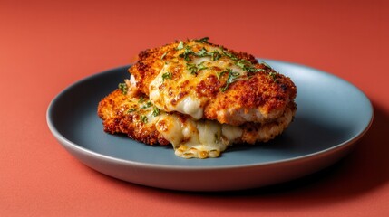 Cheesy Breaded Chicken Cutlets Stacked on a Blue Plate Against a Solid Background