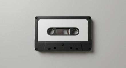 Obraz premium A black audio cassette tape with a white label centered on a gray background