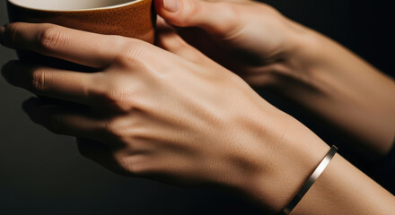 A Quiet Moment Close-up of hands warming a dark ceramic mug a gesture suggesting relaxation domestic comfort and a break
