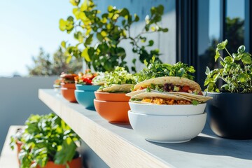 Delicious tacos and fresh salads outdoor patio food photography bright day close-up culinary delight
