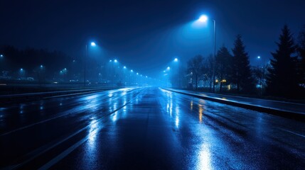 Fototapeta premium Rainy night city street illuminated by glowing blue streetlights reflecting on wet asphalt