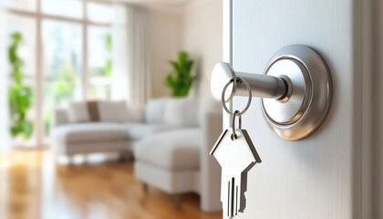 The image shows a house key with a house-shaped charm hanging in a silver door handle against a blurry background of a modern living room with wooden floors and a white sofa.