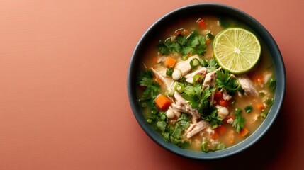 Hearty Chicken Soup With Lime and Cilantro in a Bowl on Orange Background