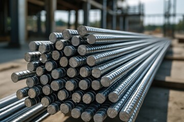 Rebar steel rods pile at construction site