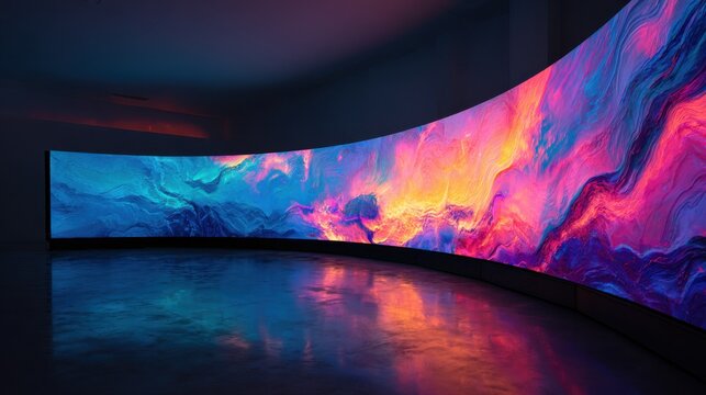 Immersive curved led screen displaying vibrant abstract art with reflective floor