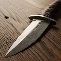Damascus Steel Dagger on Wooden Surface - Close-Up of a Sharp Blade.