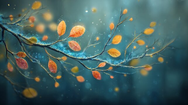 Where autumn meets winter: a dance of leaves and snowflakes. Virus spread. Vivid orange leaves on a snow-dusted branch against a twilight sky. Viral particles. Epidemic spread. - Powered by Adobe