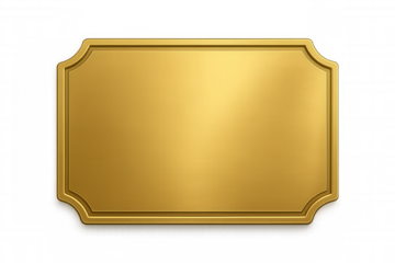 Golden metal plaque with ornate frame, blank brushed surface for award, nameplate, or sign on transparent background