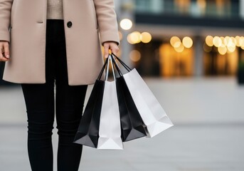 Woman with shopping bags in city, close-up view.